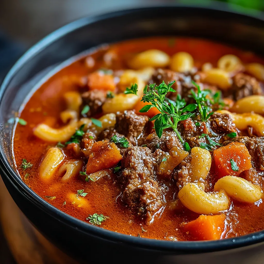 A bowl of Grandma's Goulash with pasta and meat.