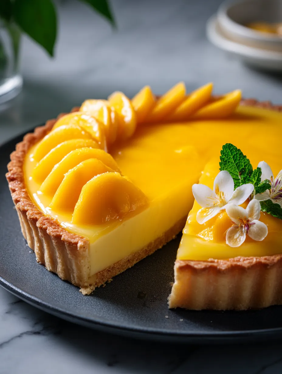 A slice of mango curd tart.