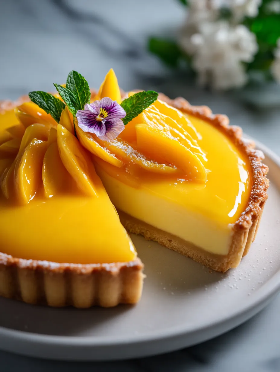 A slice of mango curd tart recipe.