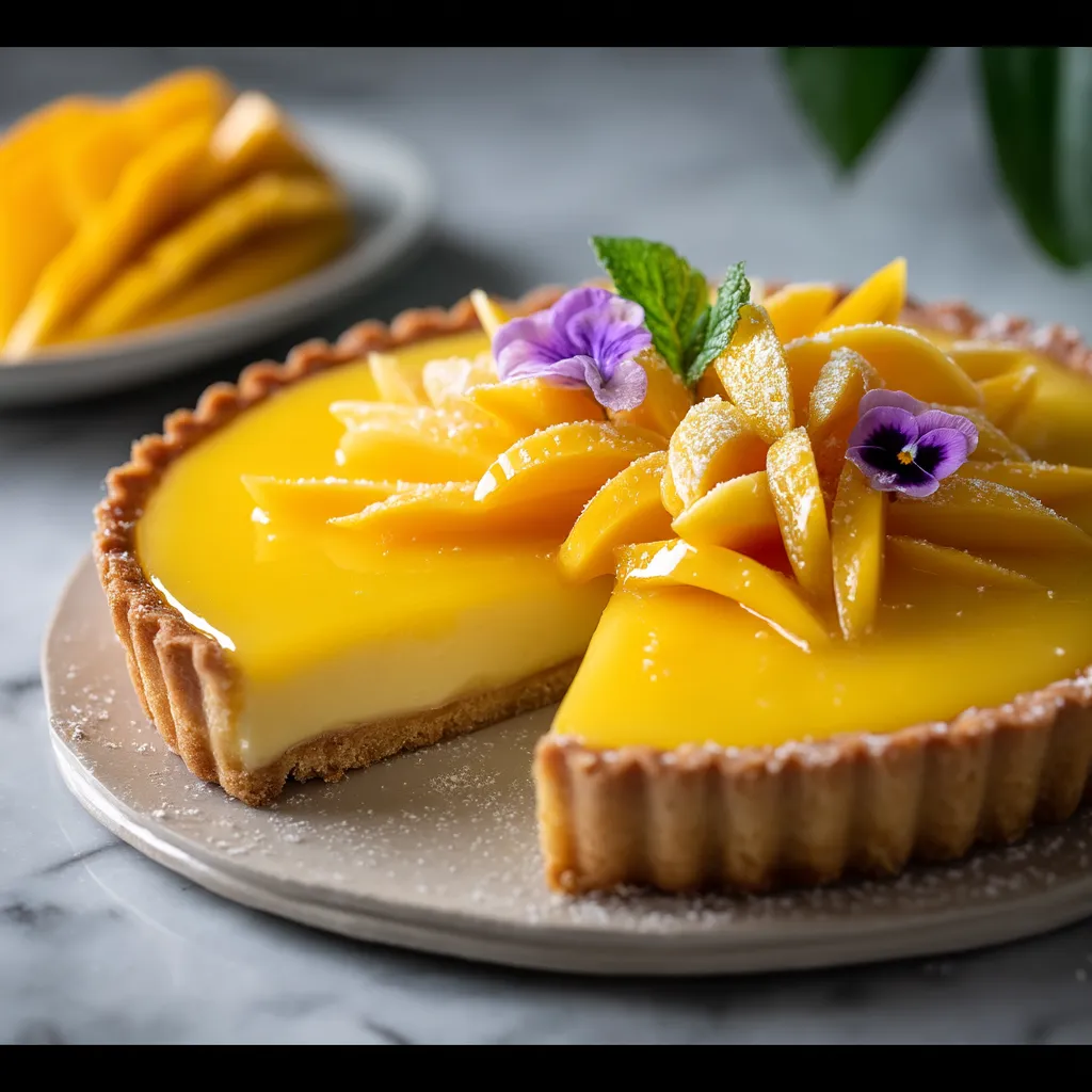 A slice of mango curd tart.