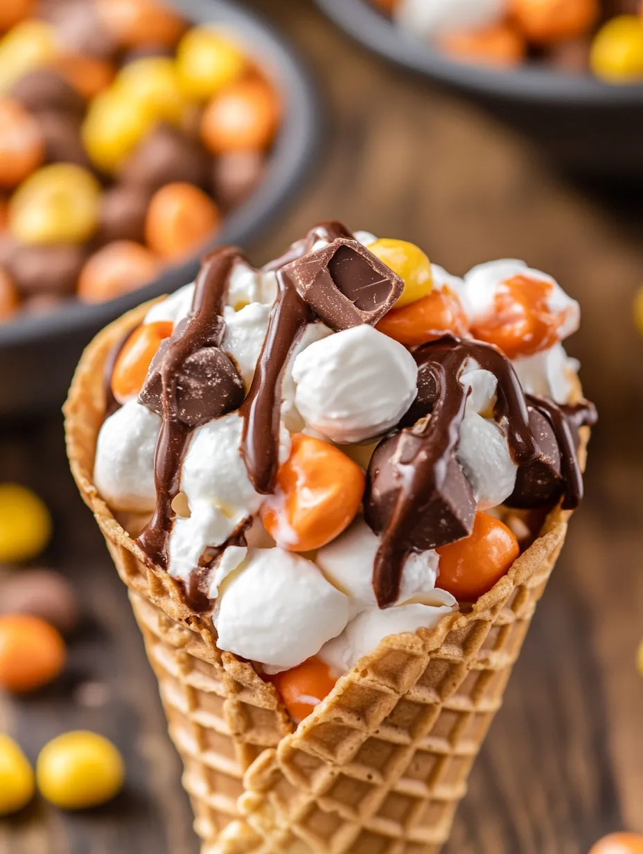 A Reese's Campfire Cones Delight ice cream cone with chocolate and white toppings.