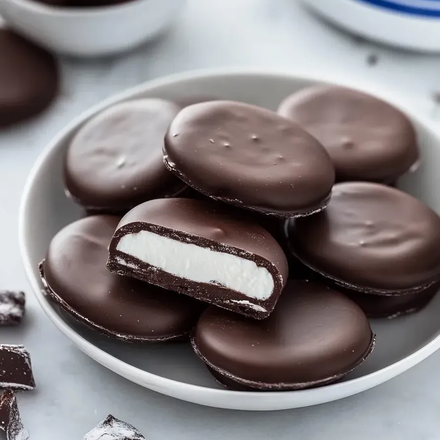 A plate of chocolate and white peppermint patties.