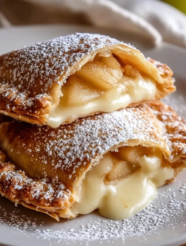 Two pieces of stuffed cheesecake fried apple pies.