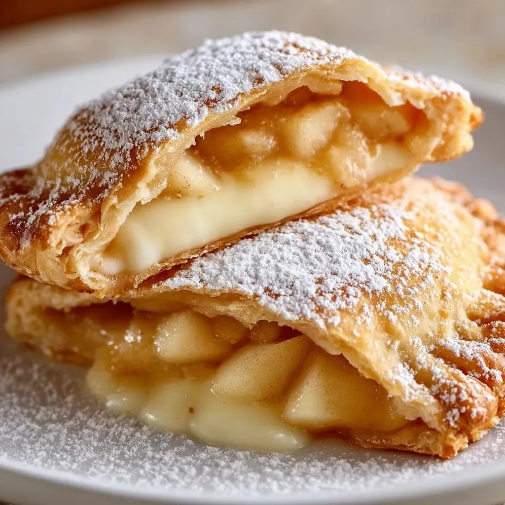 Two pieces of stuffed cheesecake fried apple pies.