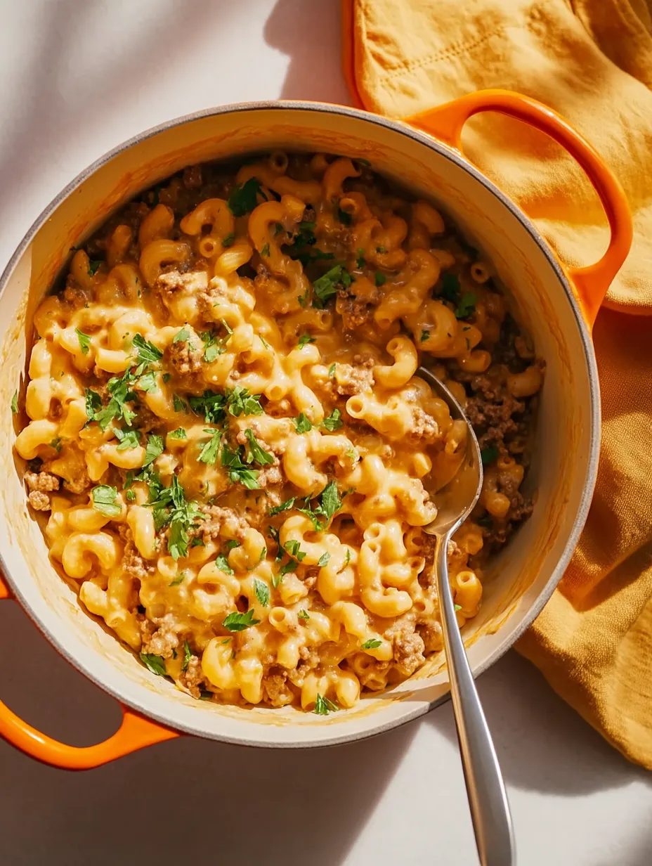 A one-pot cheeseburger macaroni dish recipe.