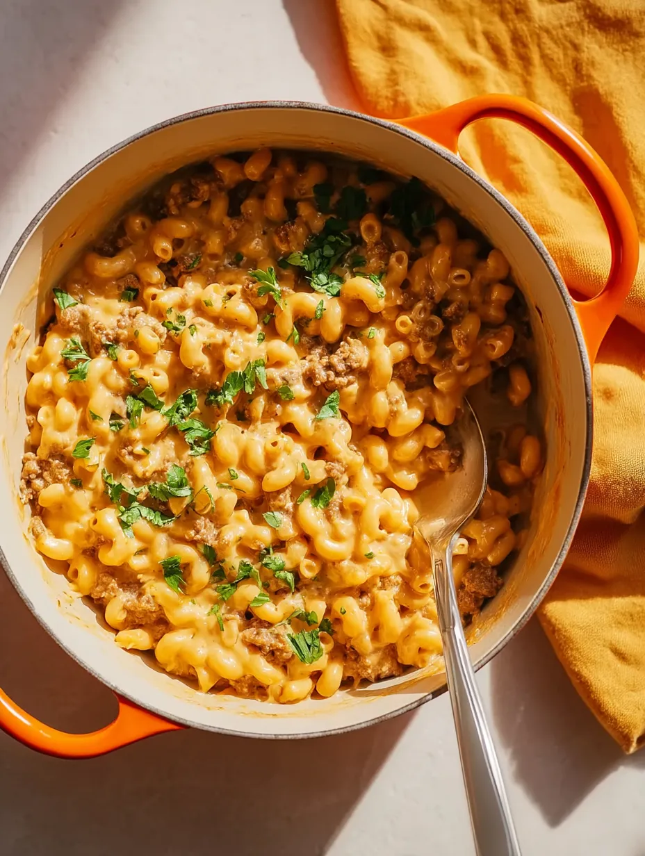 A one-pot cheeseburger macaroni dish.