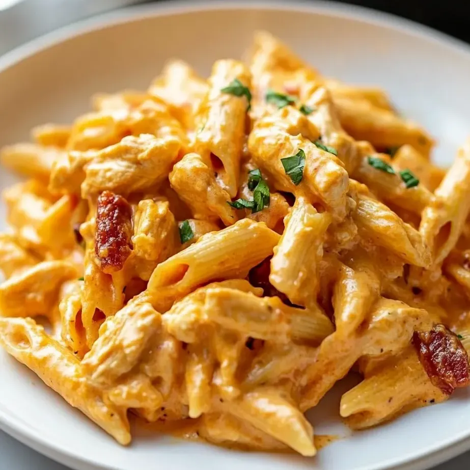 A plate of pasta with chicken and sauce.