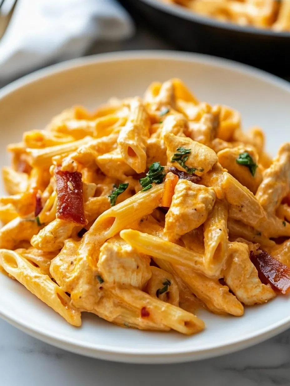 A plate of pasta with chicken and cheese.