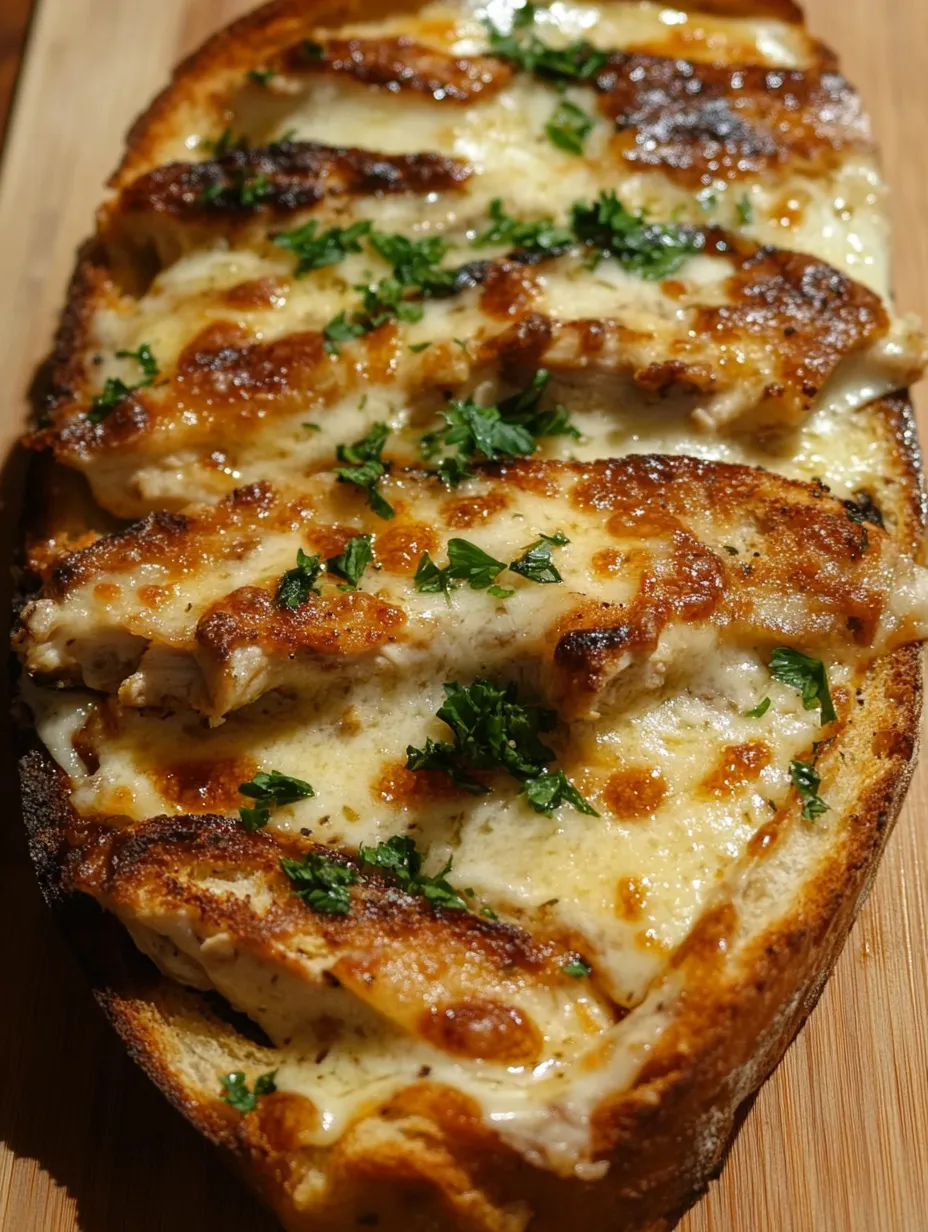 A slice of garlic bread with chicken Alfredo on top.