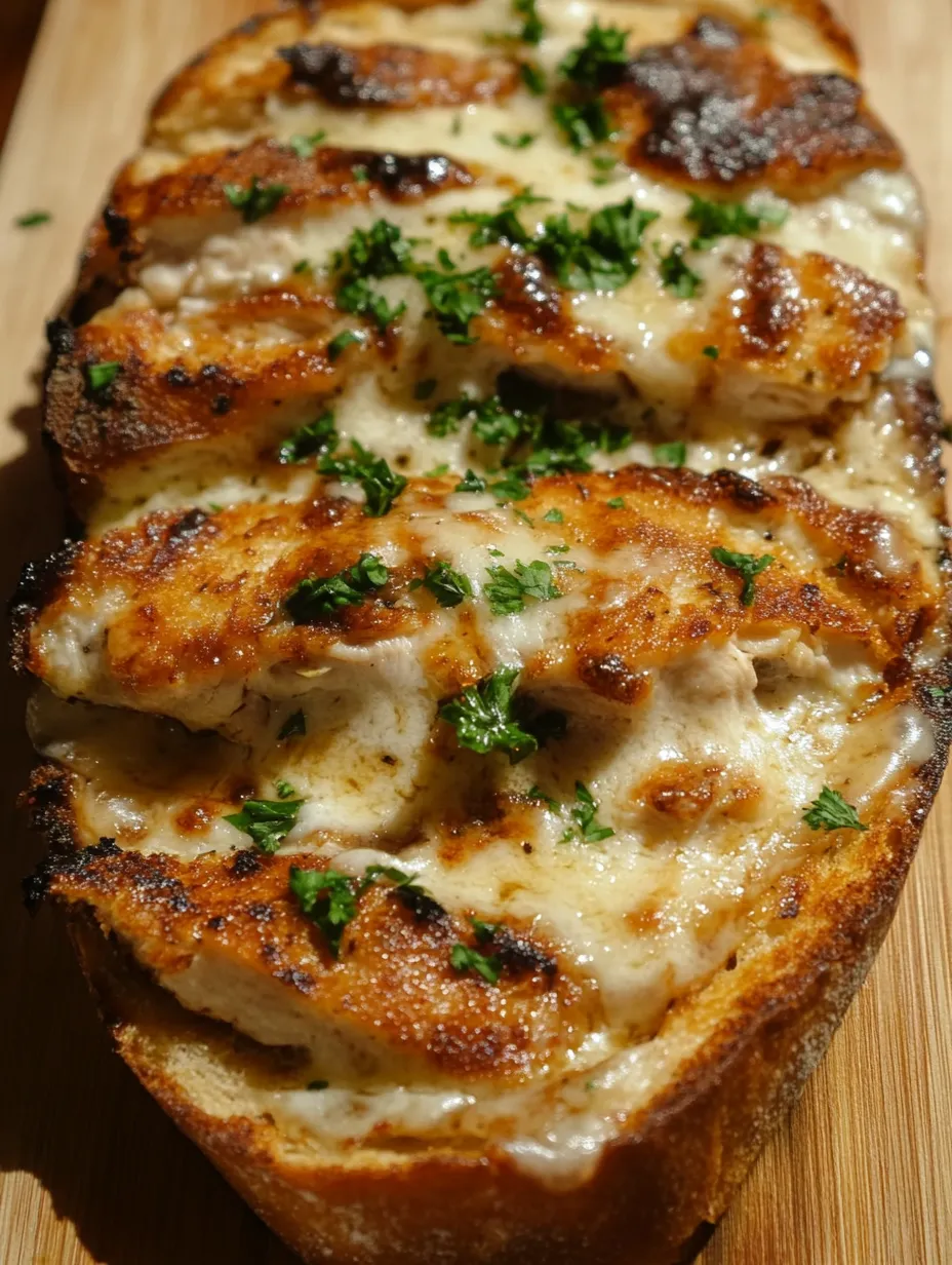 A slice of garlic bread with chicken alfredo on it.