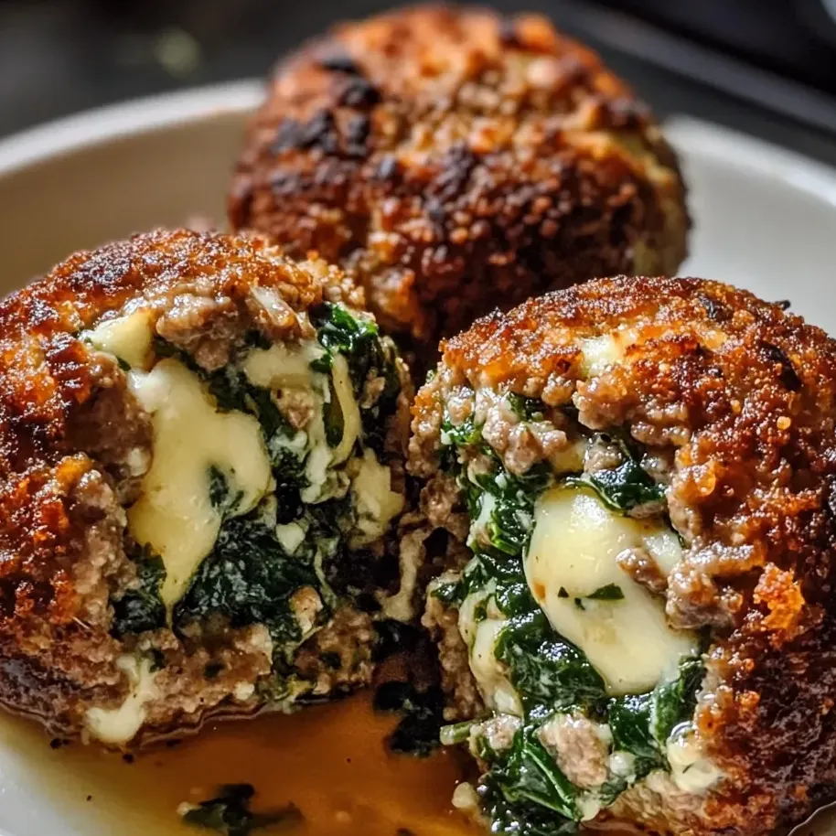 Three meatballs with spinach and garlic.