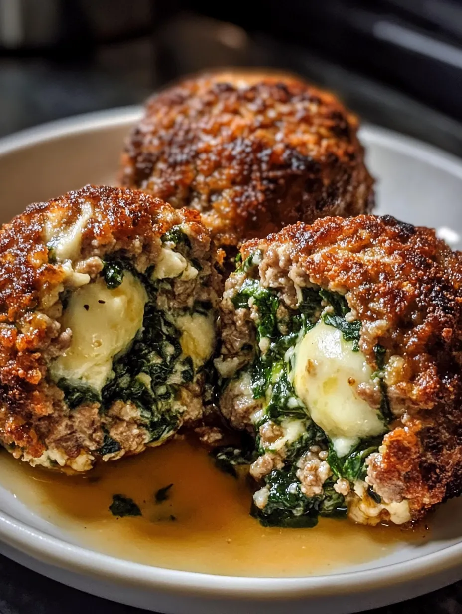 A plate of meatballs with spinach and garlic.