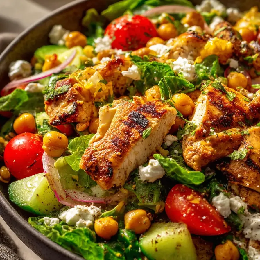 A close up of a salad with chicken and chickpeas.