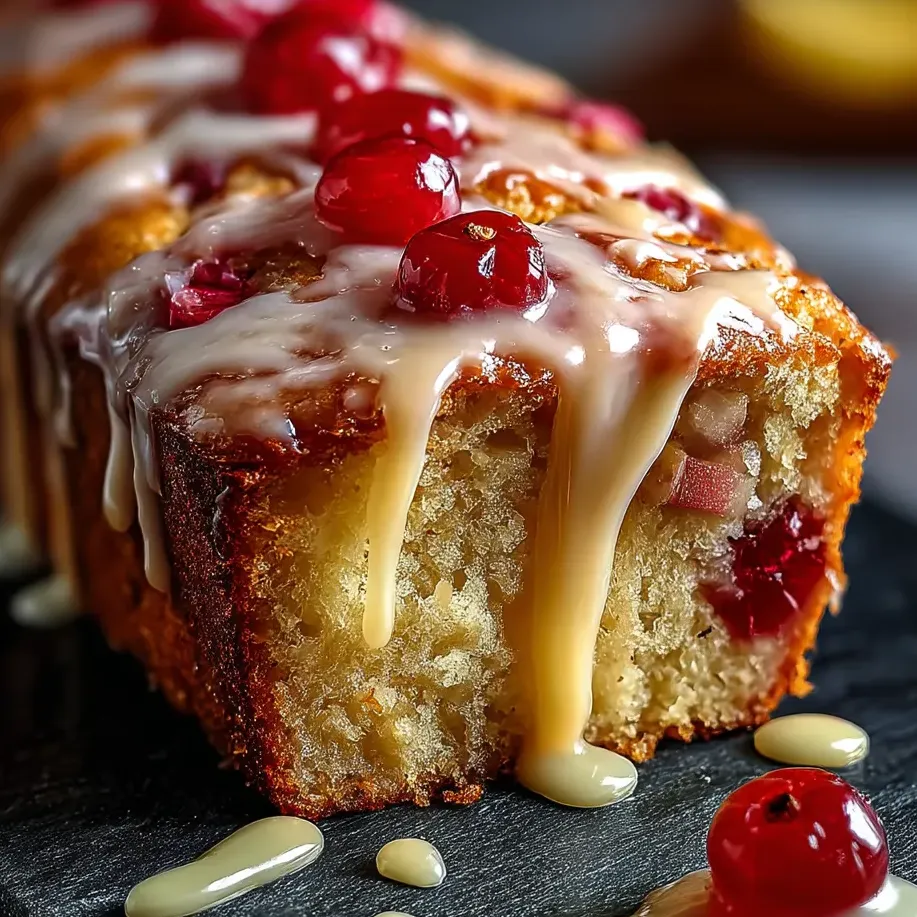 A slice of lemon rhubarb loaf with glaze.