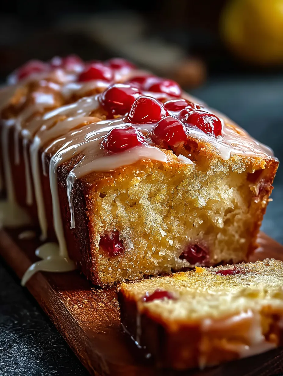 A slice of lemon rhubarb loaf with glaze.