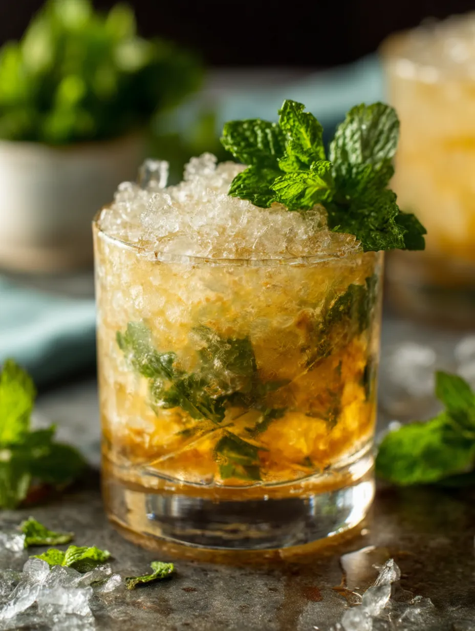 A glass of a classic mint julep with a sprig of mint on top.