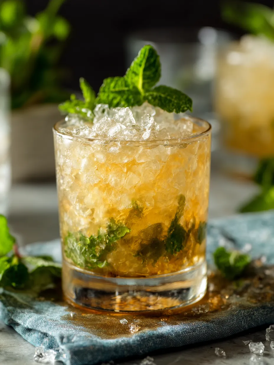 A glass of mint julep with a sprig of mint on top.