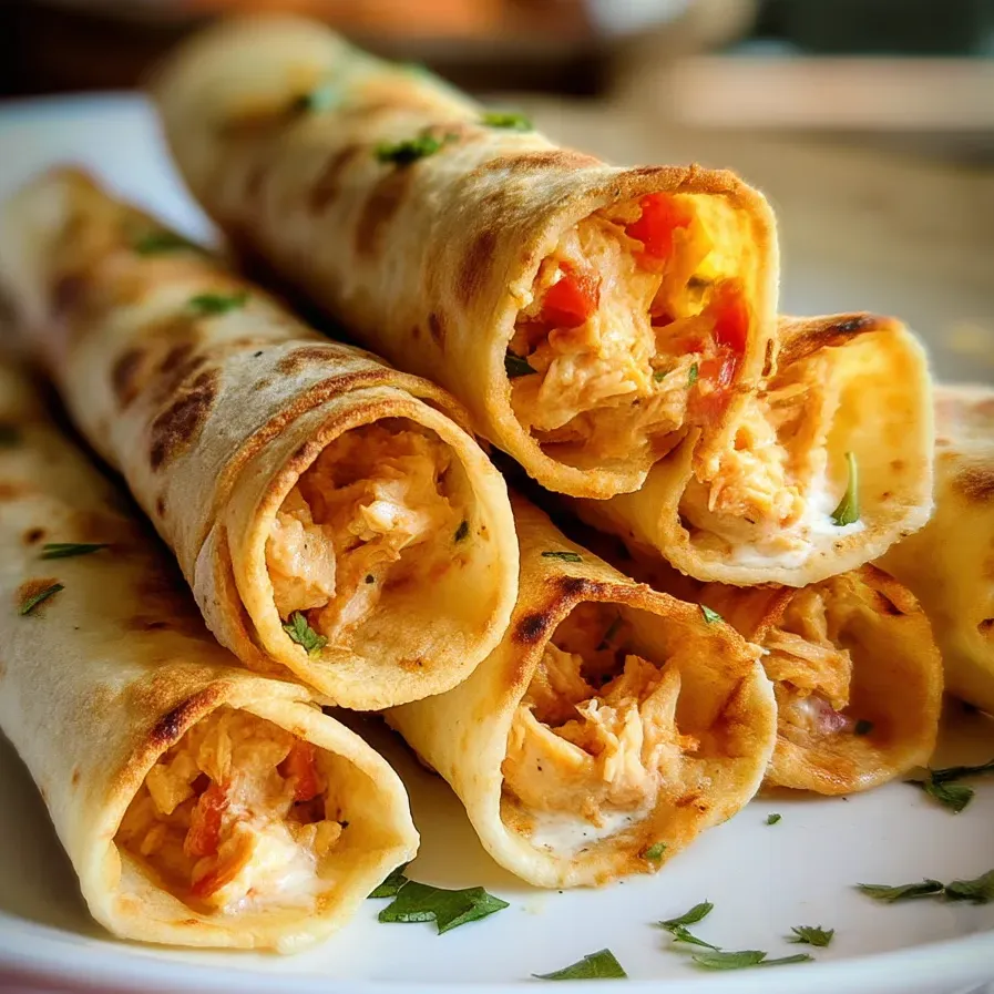 A plate of baked cream cheese chicken taquitos.