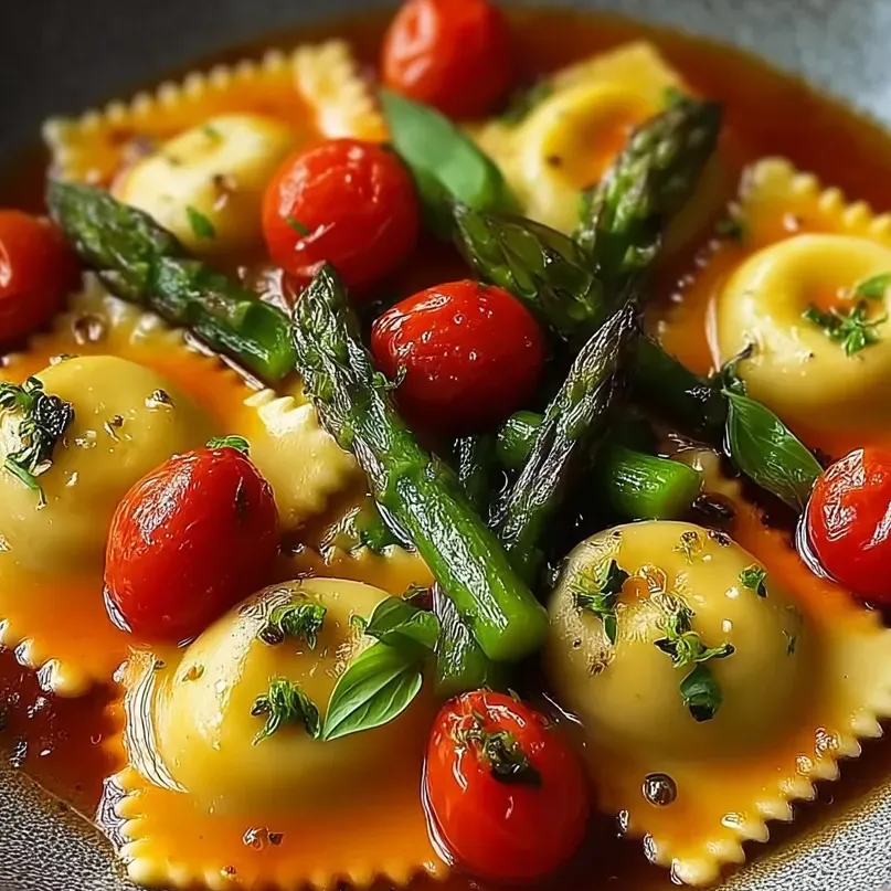 A plate of ravioli with tomatoes and asparagus.