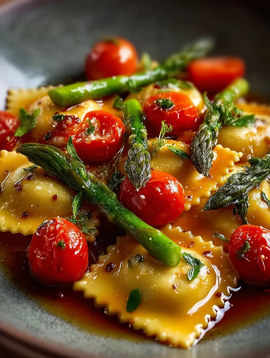 A plate of pasta with tomatoes and asparagus.