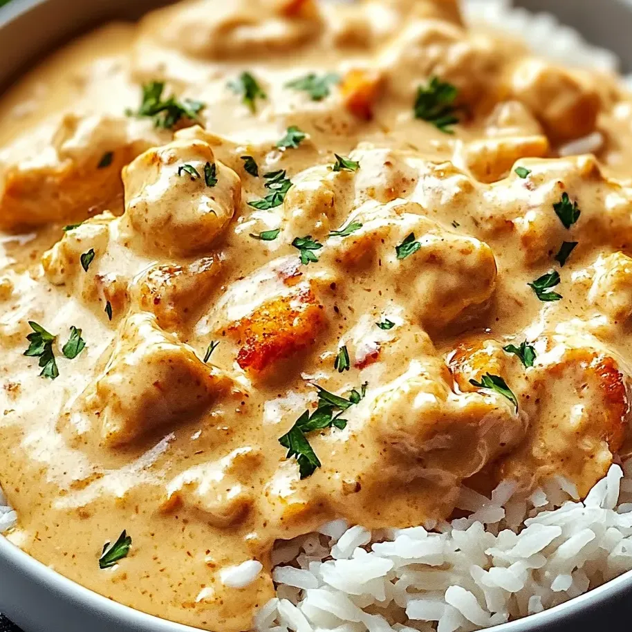 A bowl of creamy smothered chicken and rice.