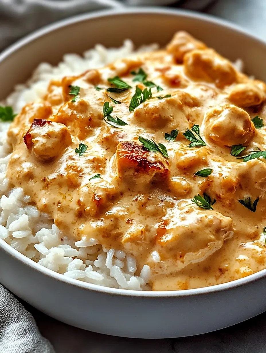 A bowl of rice and chicken with a creamy sauce.