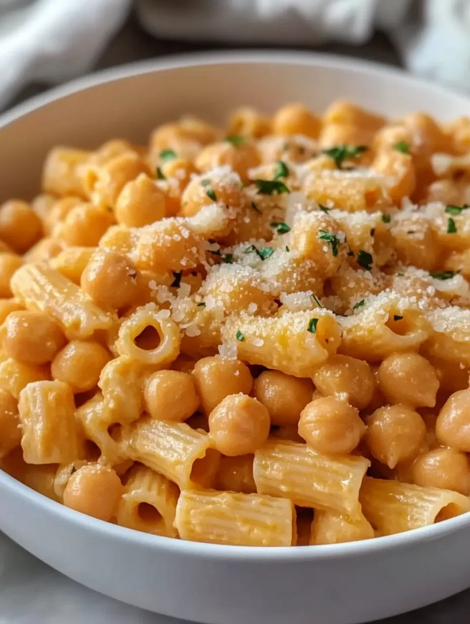 A bowl of pasta with chickpeas.