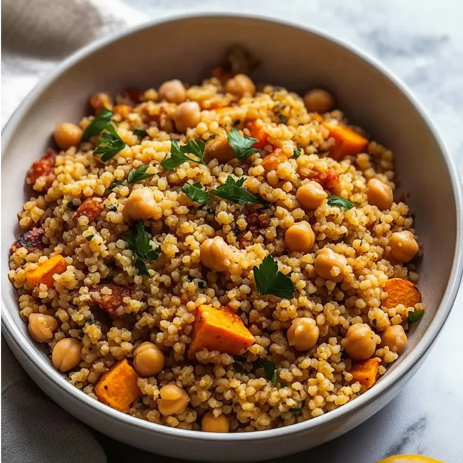 A bowl of Moroccan Couscous Sweet Potato.