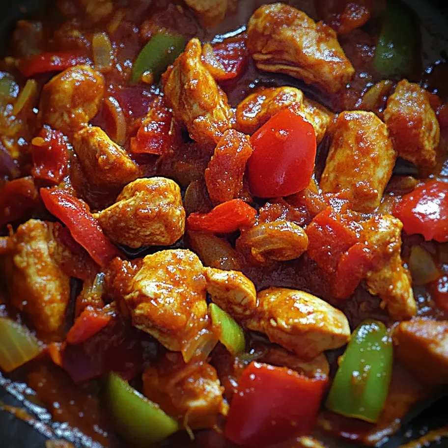 A dish of chicken and peppers in a pan.