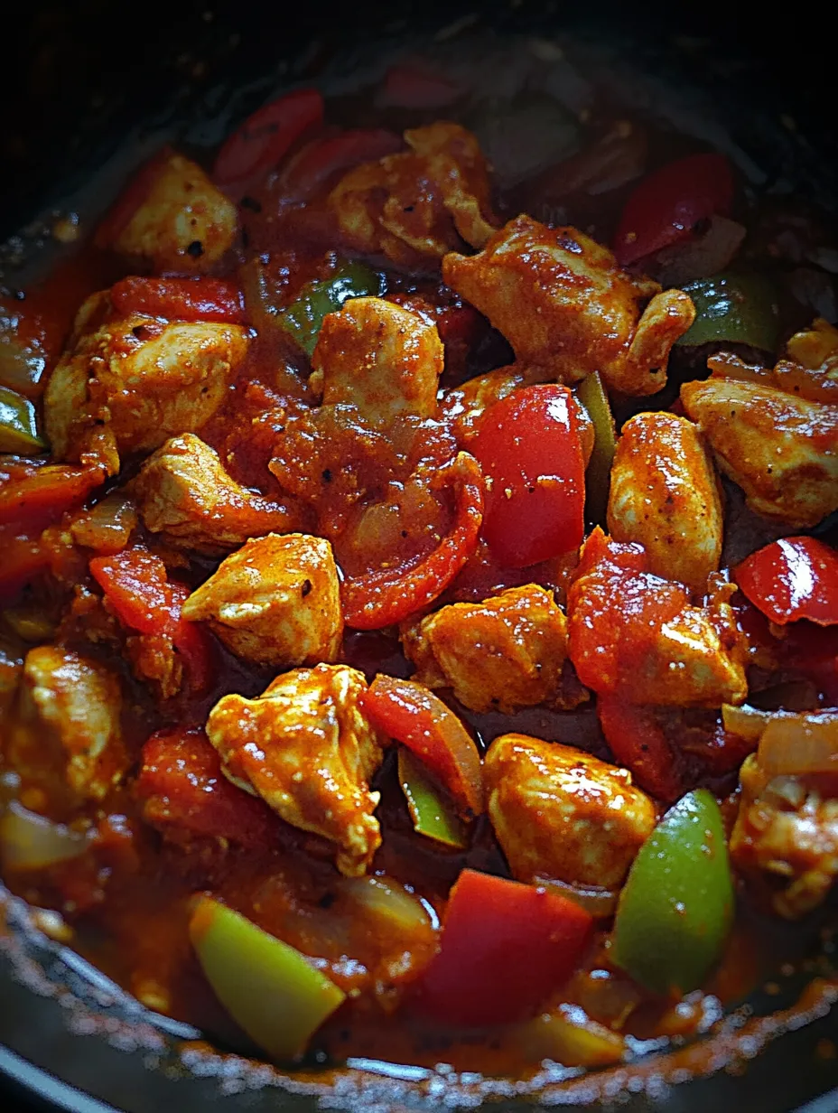 A dish of chicken and peppers.