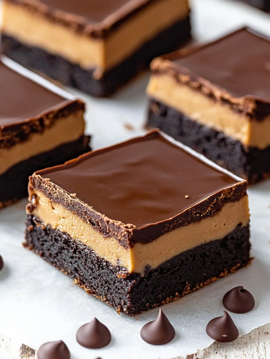 A close up of a chocolate and peanut butter buckeye brownie.