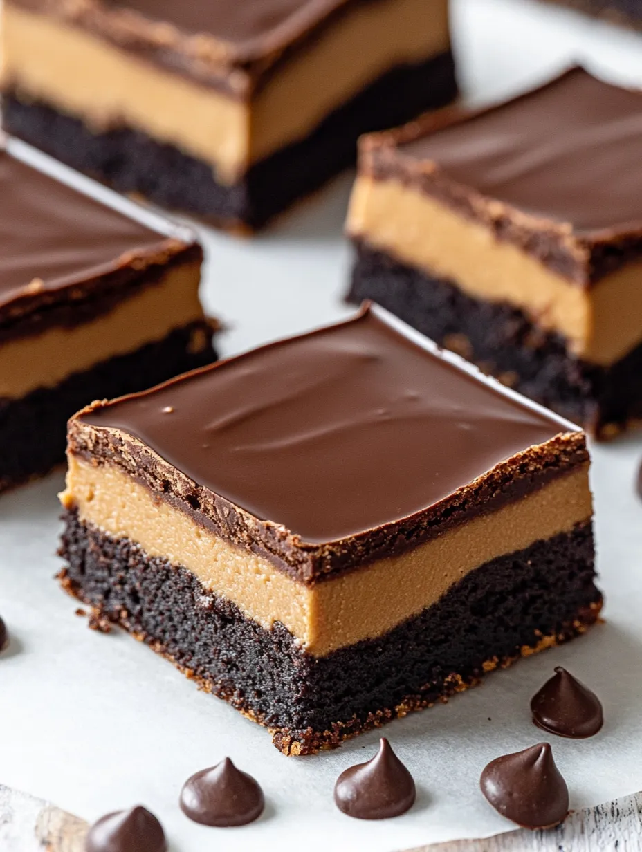 A close up of a slice of Buckeye Brownies with Ganache.