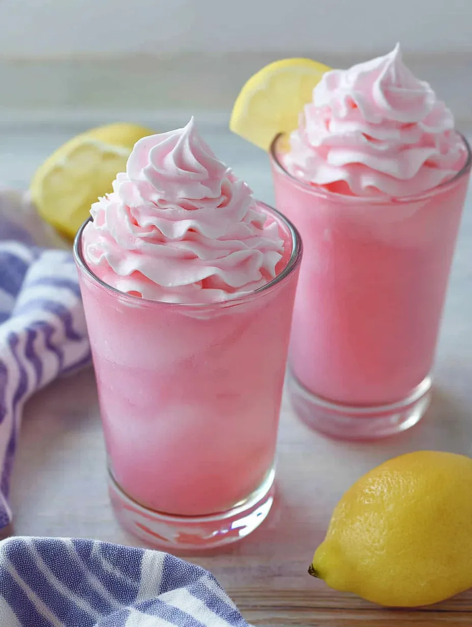 Two glasses of pink lemonade with whipped cream on top.