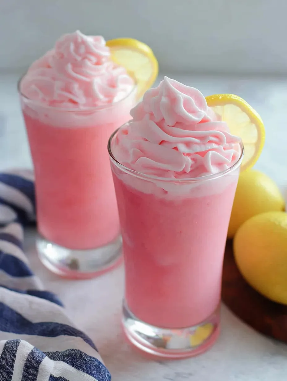 Two glasses of pink lemonade with whipped cream on top.