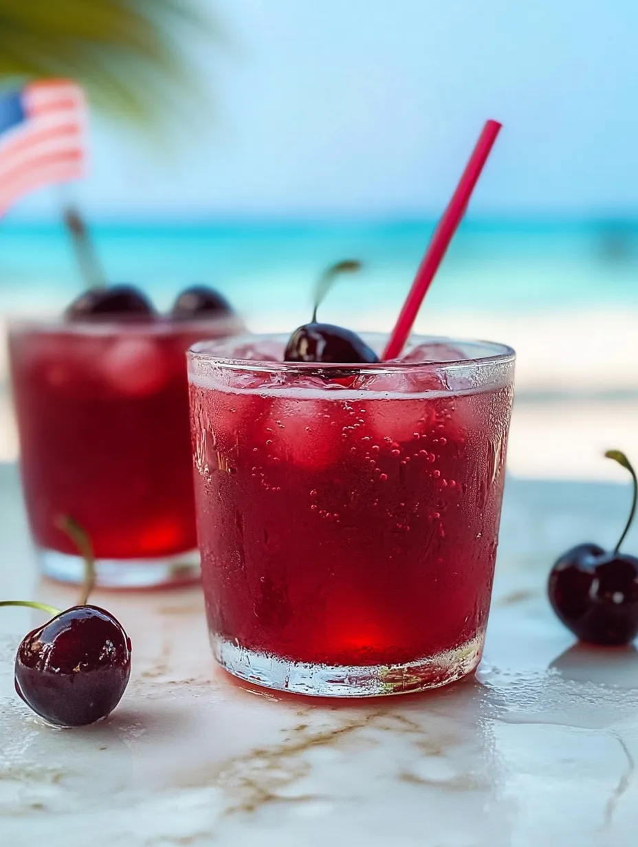 A glass of cherry vanilla fizzy drink.