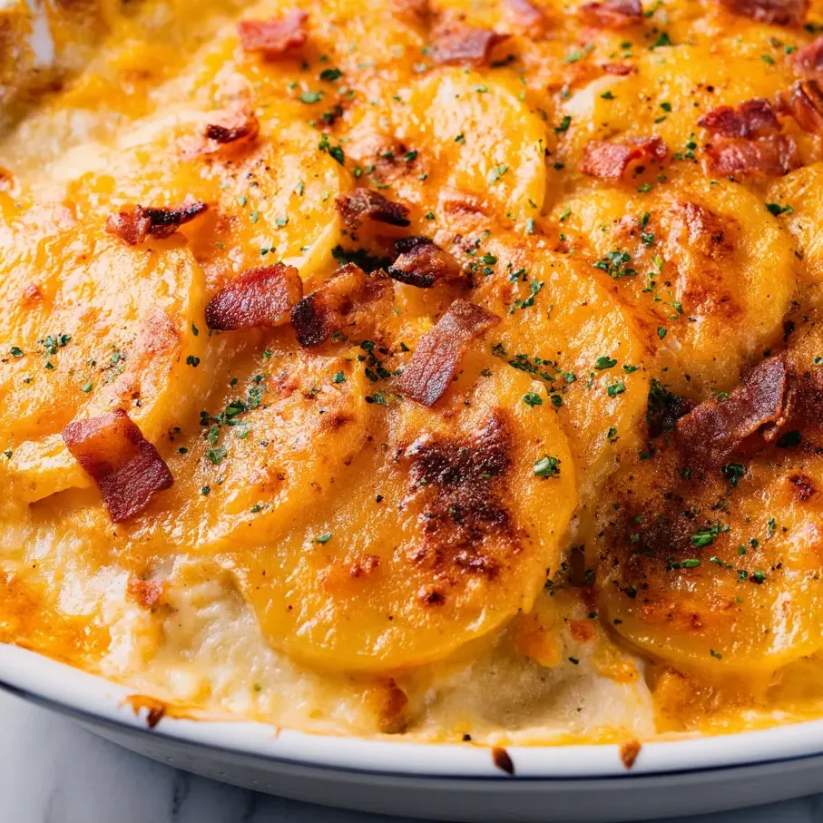 A dish of scalloped potatoes with bacon.