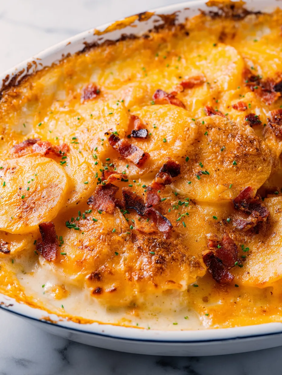 A dish of scalloped potatoes with meat bacon and cheese.