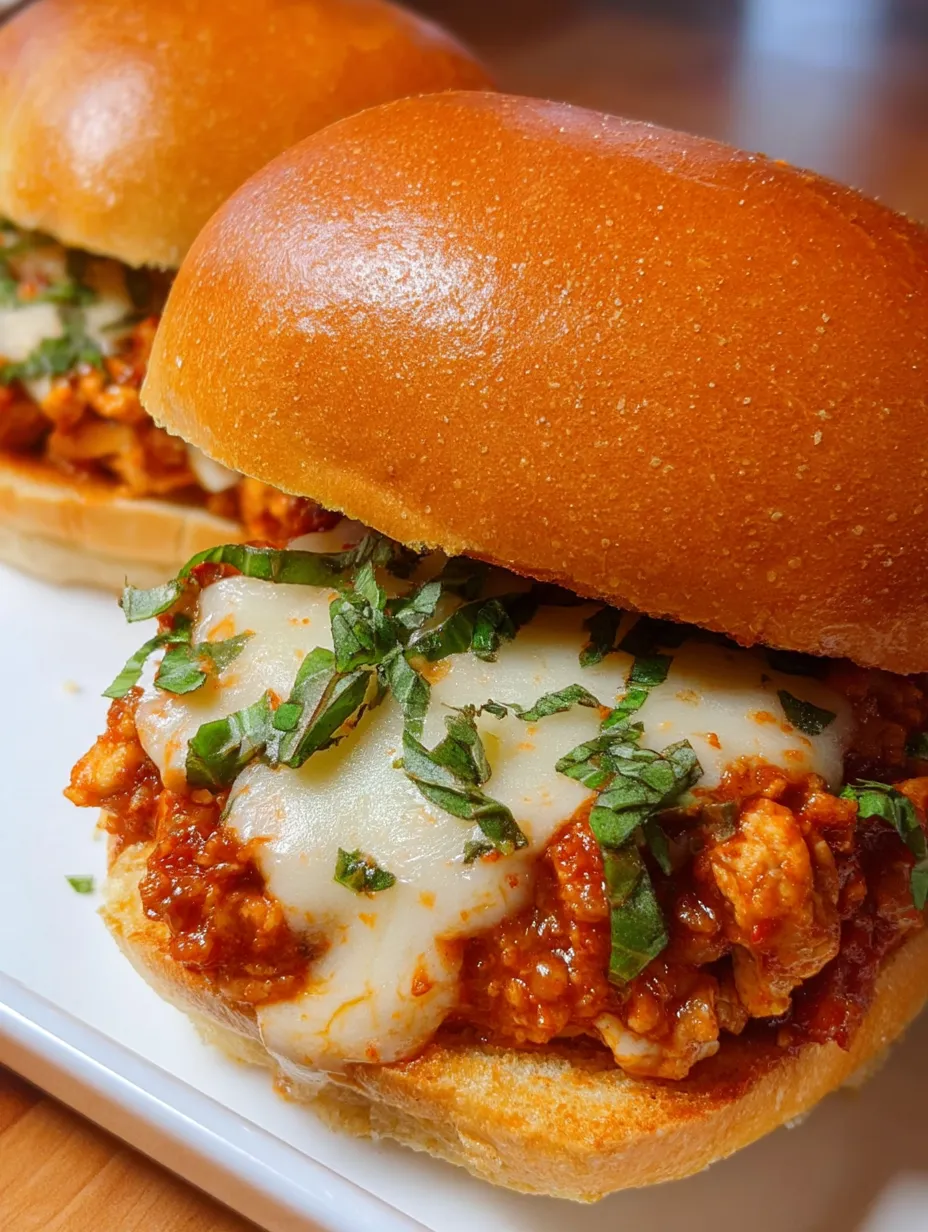 Two chicken parmesan sloppy joes on a bun.