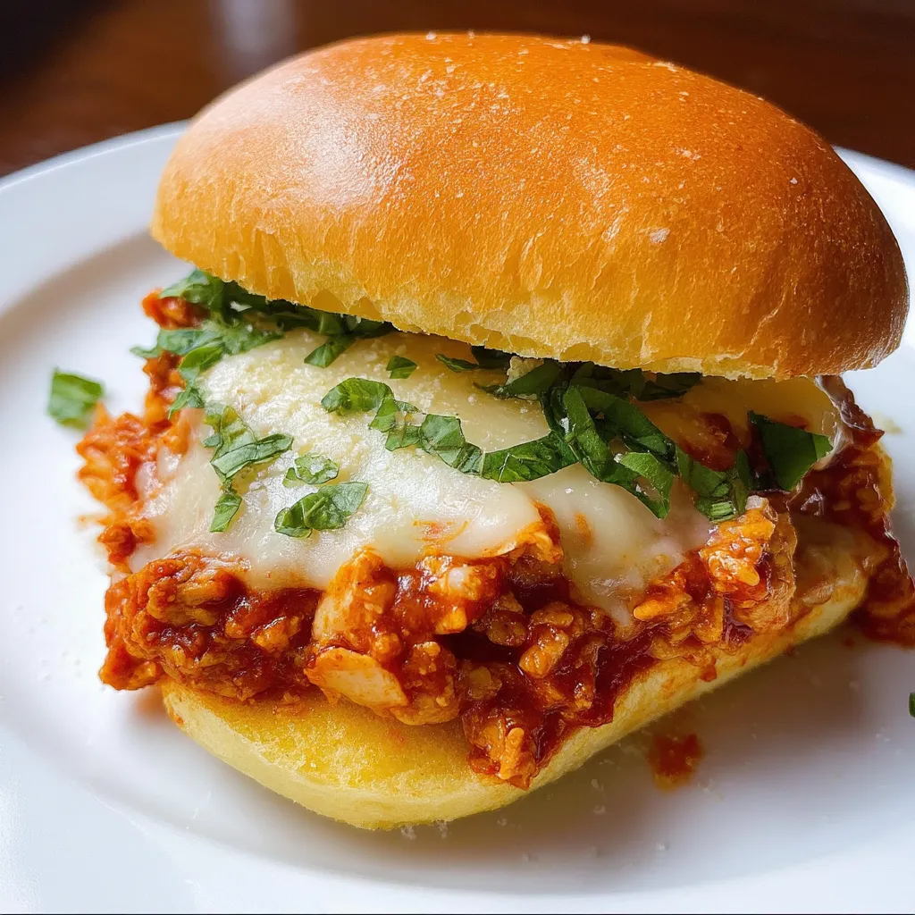 A chicken parmesan sloppy joe sandwich on a white plate.