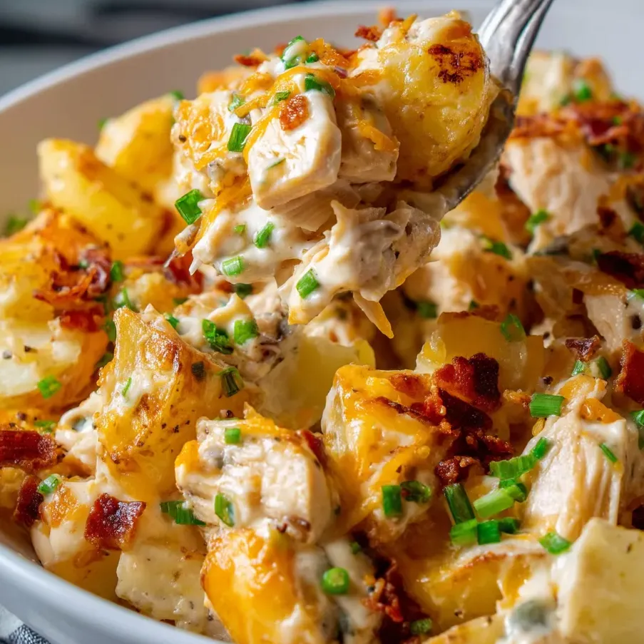 A bowl of loaded potato ranch chicken casserole.