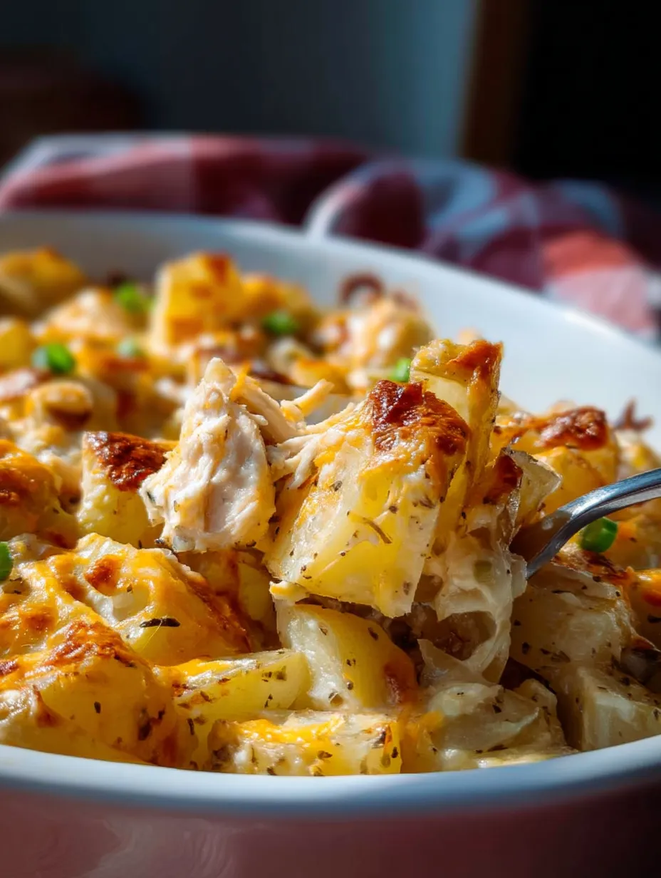 A white bowl filled with a delicious loaded potato ranch chicken casserole.