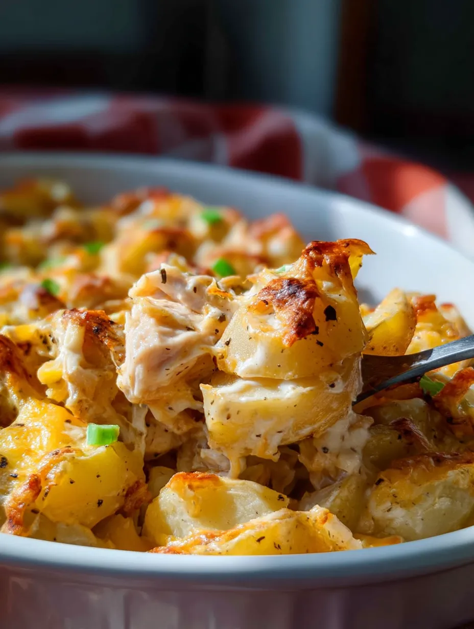A white bowl filled with a loaded potato ranch chicken casserole.