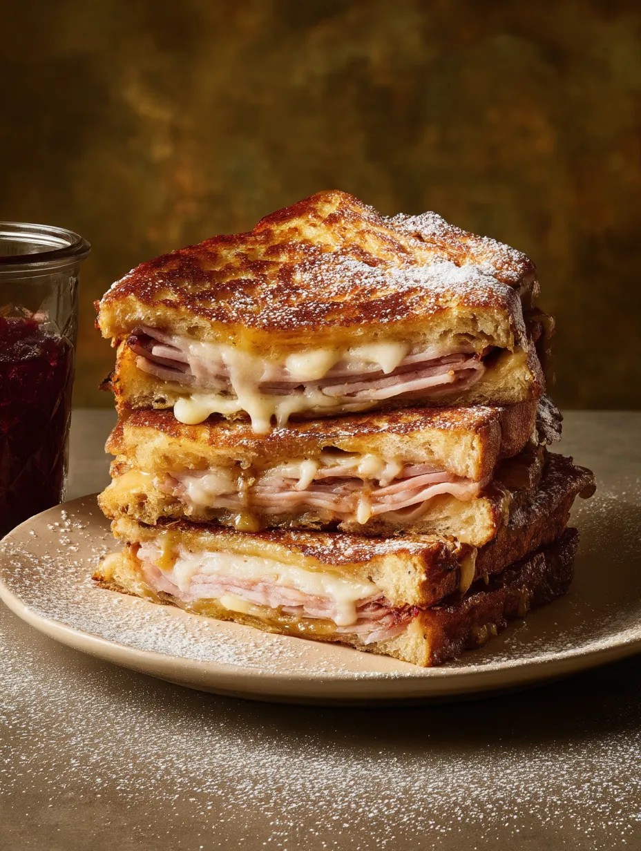 A Monte Cristo sandwich stacked with cheese and ham.