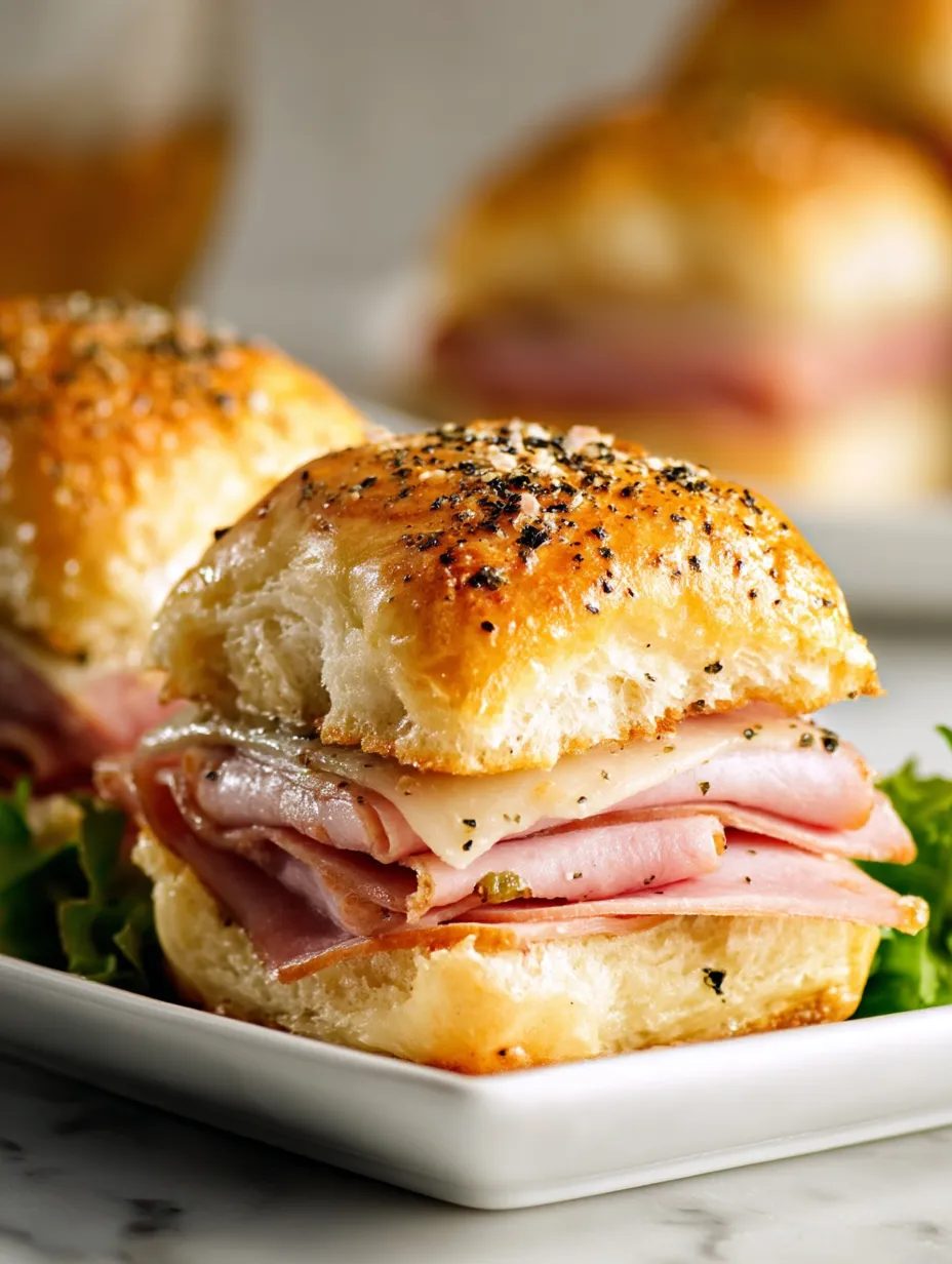 Two ham and swiss sliders on a plate.