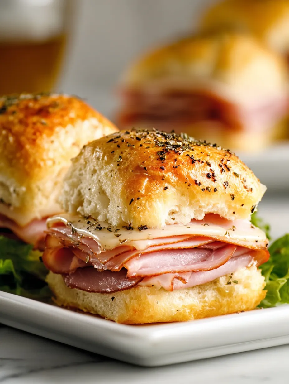 Two ham and swiss sliders on a plate.