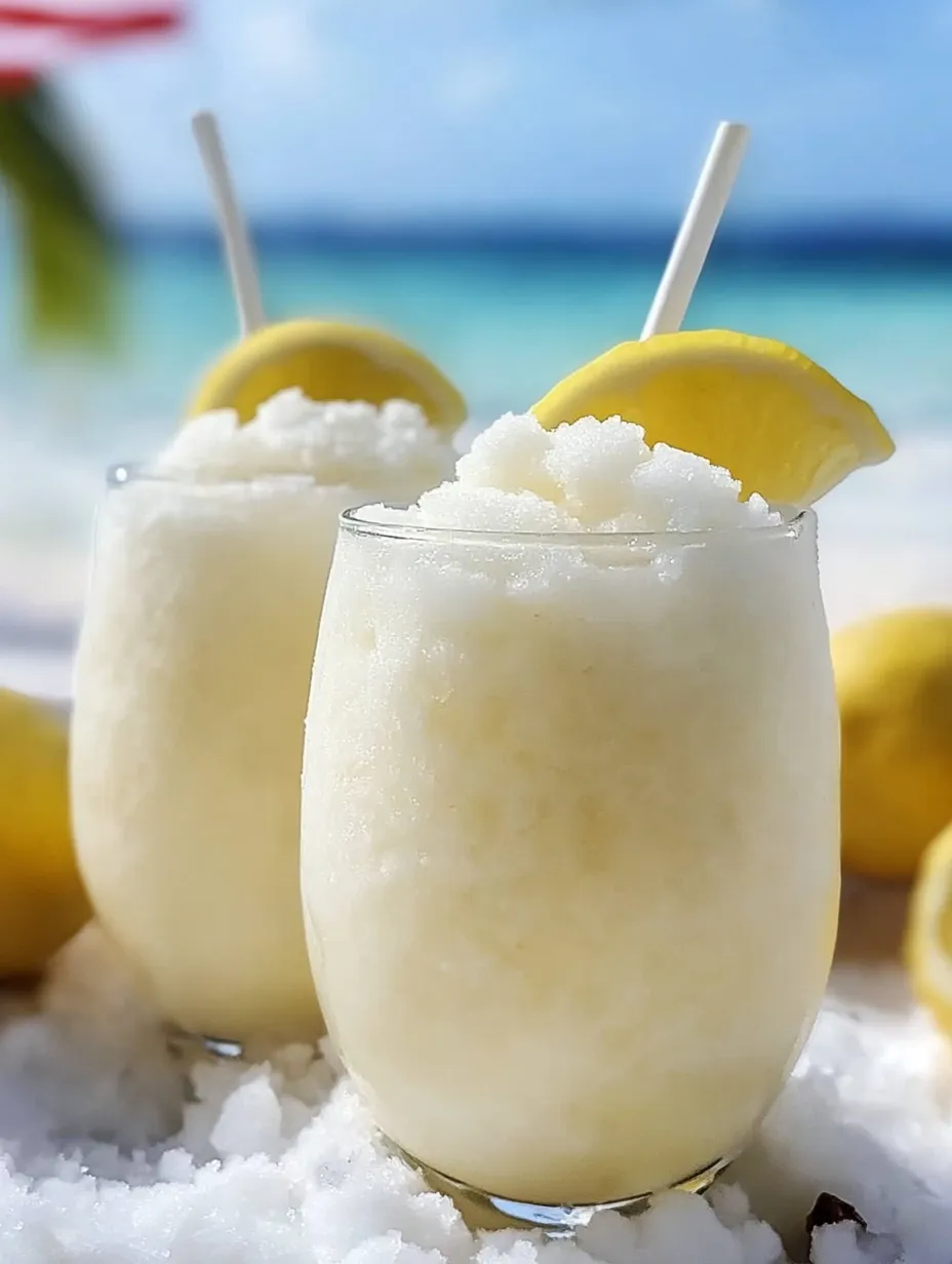 Two glasses of frozen coconut lemonade drink.