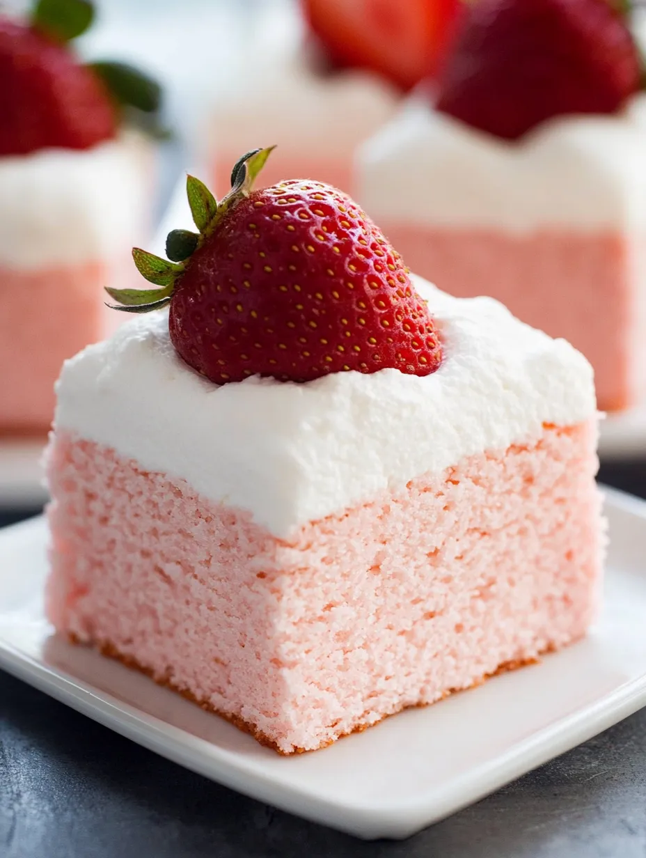 A slice of pink cake with a strawberry on top.