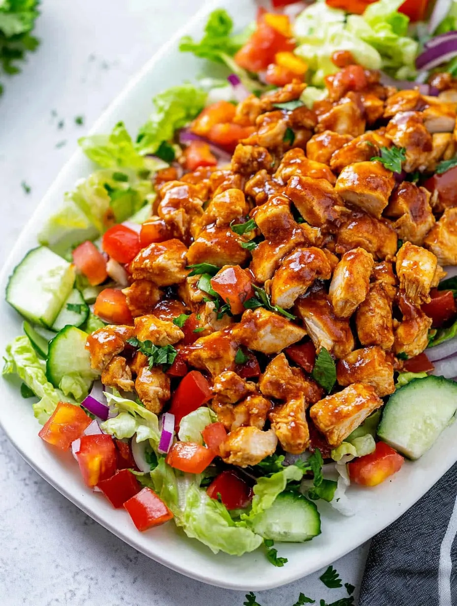 A plate of chicken salad with lettuce and tomatoes.