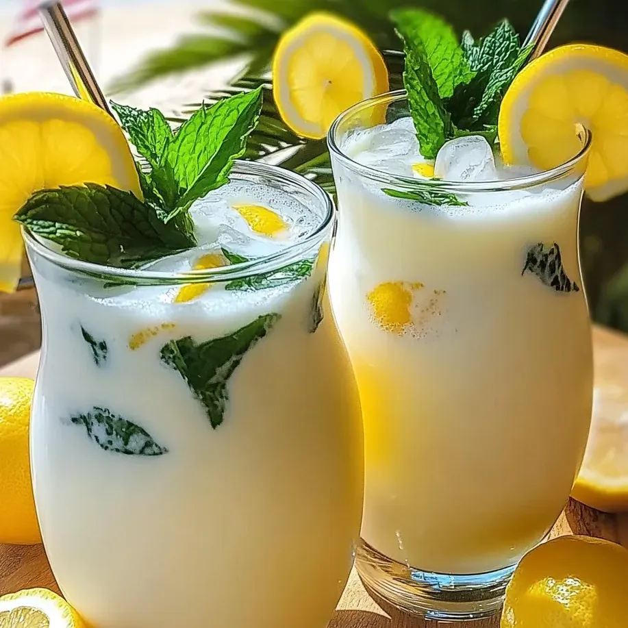 Two glasses of condensed milk lemonade with lemon twists.