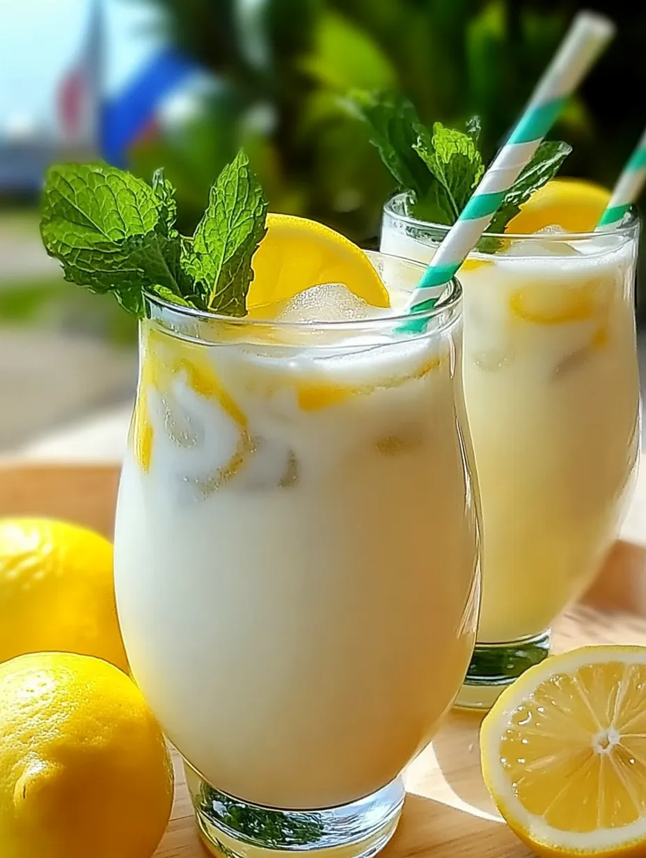 Two glasses of condensed milk lemonade with lemon twists.